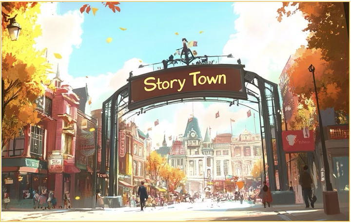 StoryTown illustration showing a whimsical town with a trolley